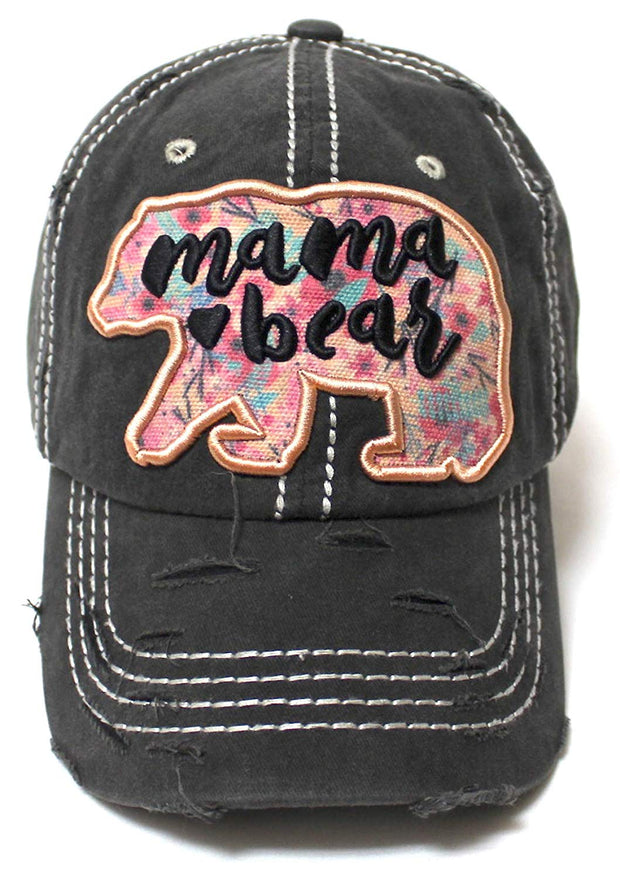 Women's Ballcap Mama Bear Floral Print Patch Rose Gold Embroidery Unconstructed Hat, Vintage Black - Caps 'N Vintage 