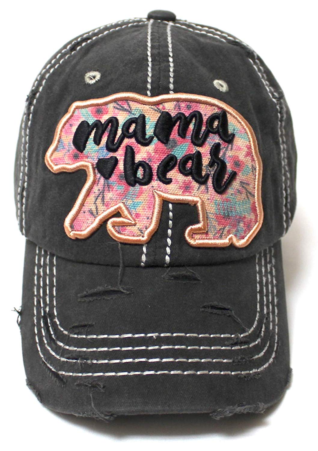 Women's Ballcap Mama Bear Floral Print Patch Rose Gold Embroidery Unconstructed Hat, Vintage Black - Caps 'N Vintage 