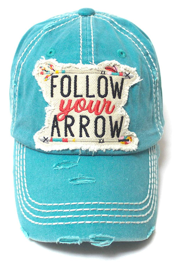 Camping Ballcap Follow Your Arrow Patch Embroidery Adjustable Baseball Hat, Turquoise Blue - Caps 'N Vintage 