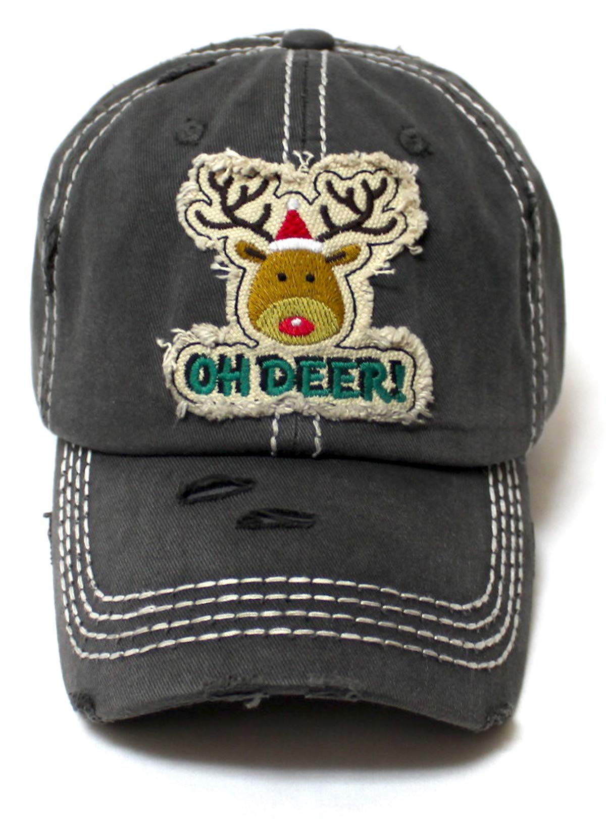 Women's Christmas Baseball Cap Oh Deer! Winter Reindeer w/Santa Claus Hat Patch Embroidery Monogram Hat, Vintage Holiday Black