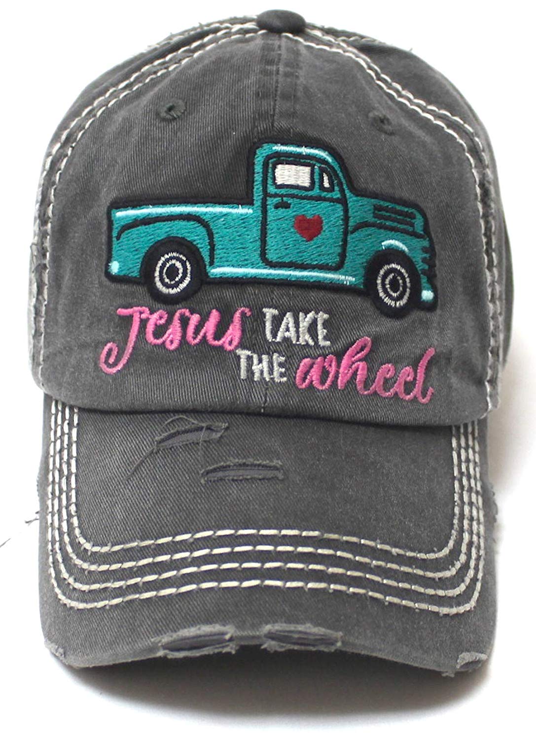 Women's Camping Cap Jesus Take The Wheel Truck Heart Embroidery Hat, Vintage Black - Caps 'N Vintage 