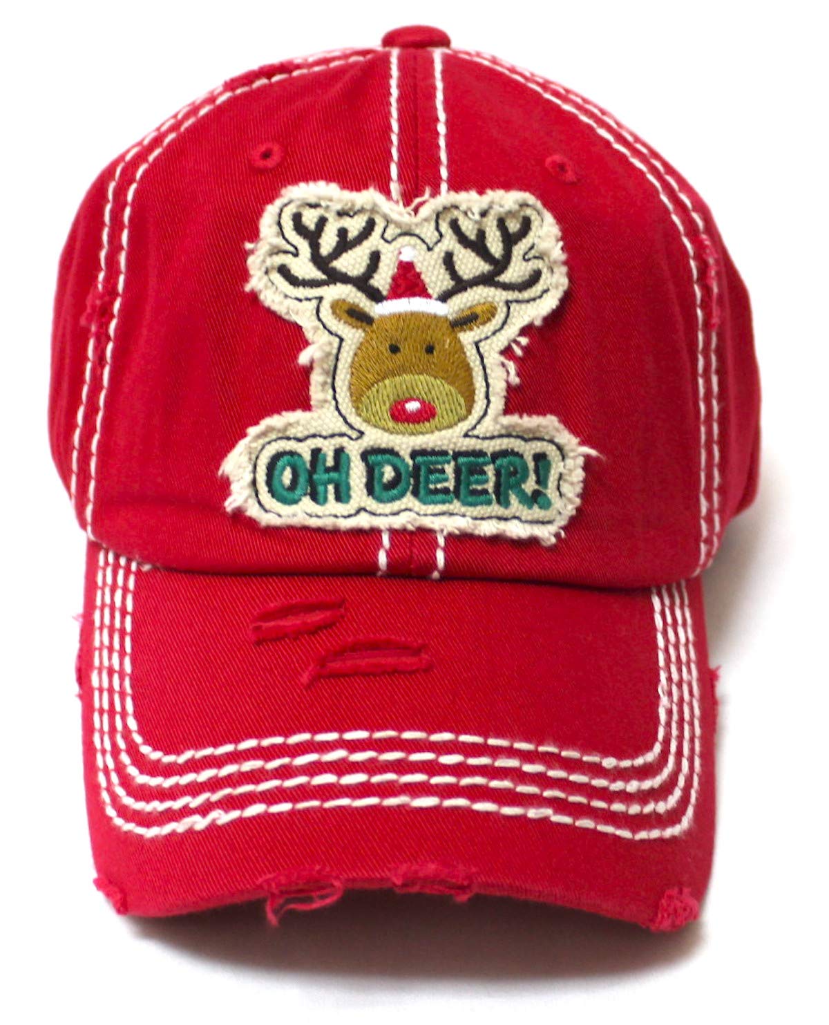 Women's Christmas Baseball Cap Oh Deer! Winter Reindeer w/Santa Claus Hat Patch Embroidery Monogram Hat, Merry Christmas Red