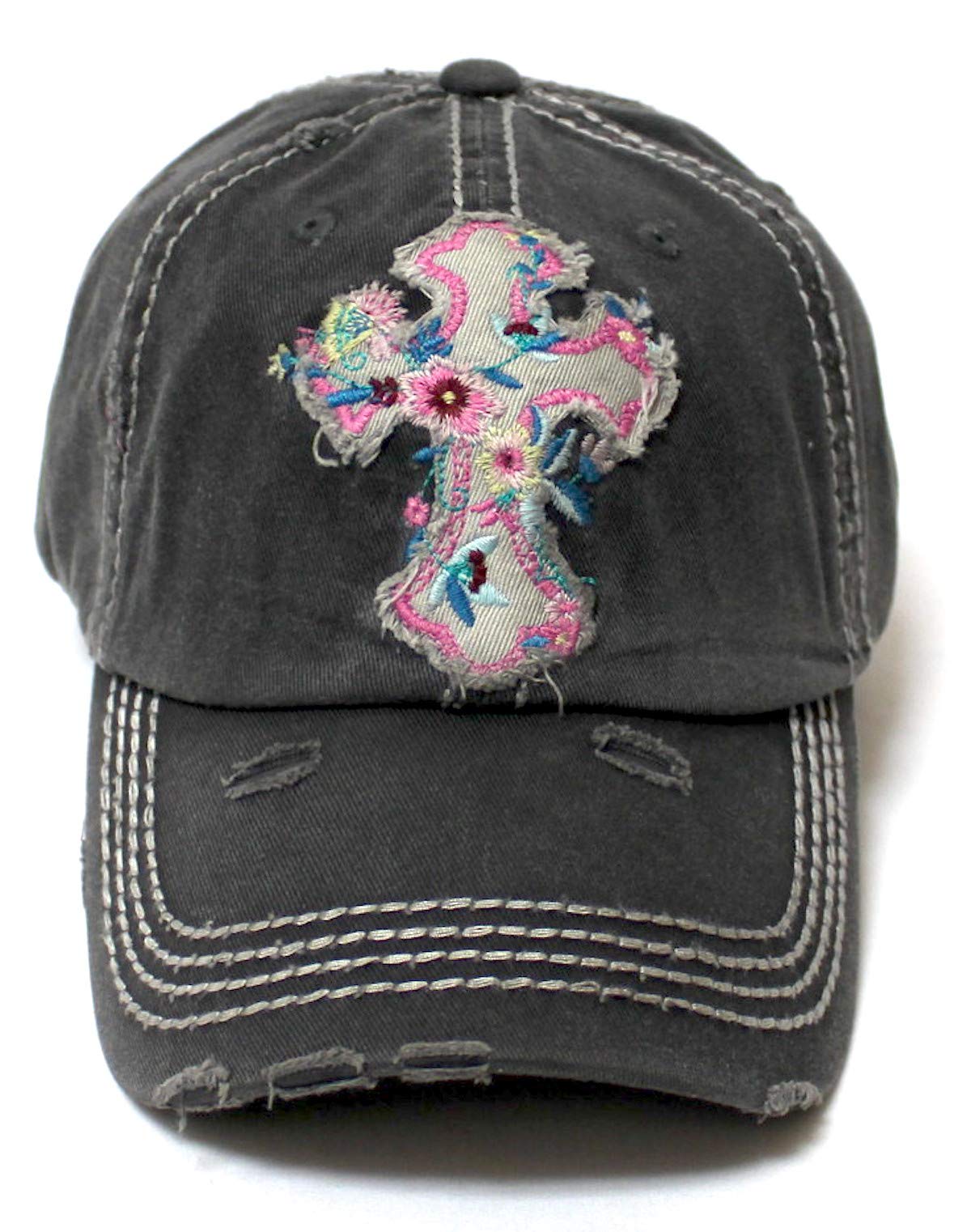 Women's Baseball Cap Romantic Floral Cross Embroidery Patch Monogram Adjustable Hat, Vintage Beach Black