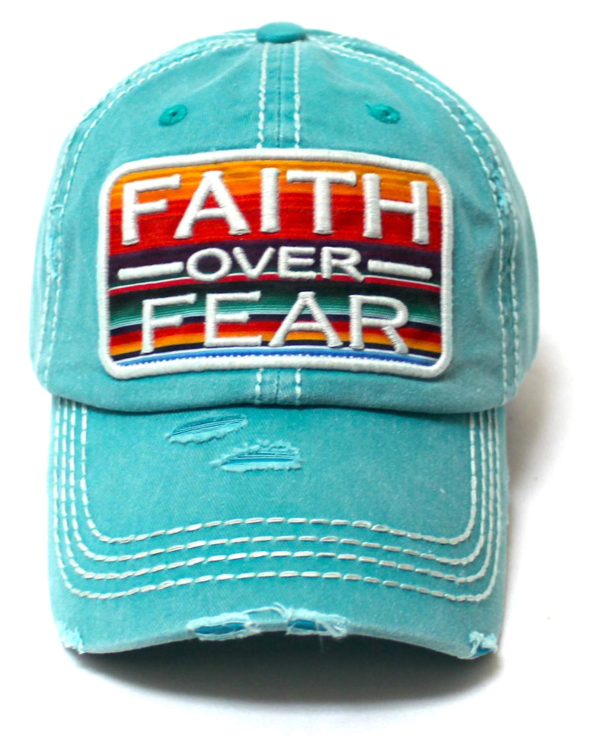 Womens Distressed Ballcap Faith Over Fear Serape Patch Embroidery Hat, California Blue - Caps 'N Vintage 