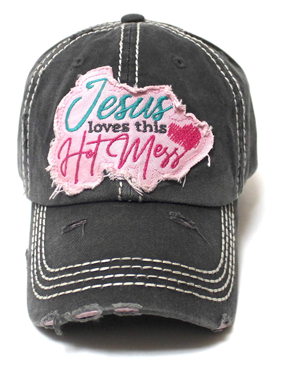 Women's Baseball Cap Jesus Loves This Hot Mess Heart Patch Embroidery Hat, Vintage Black - Caps 'N Vintage 
