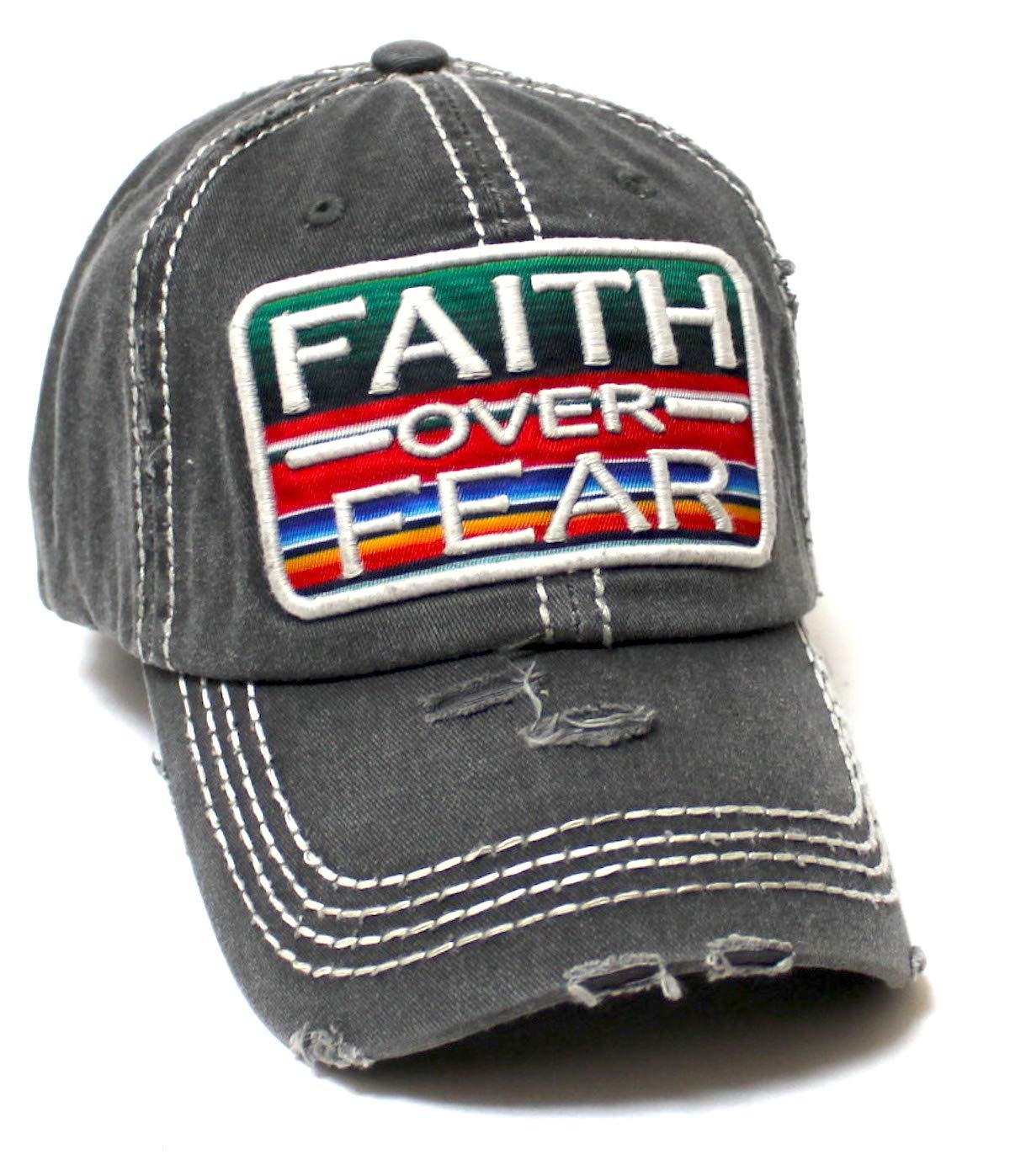 Womens Distressed Ballcap Faith Over Fear Serape Patch Embroidery Hat, Vintage Black - Caps 'N Vintage 