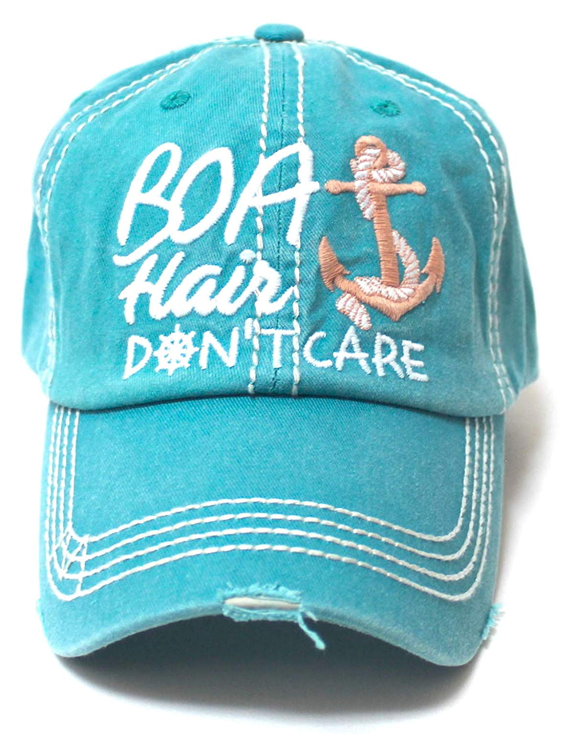 Beach Accessory Boat Hair Don't Care Monogram Baseball Hat, Turquoise - Caps 'N Vintage 