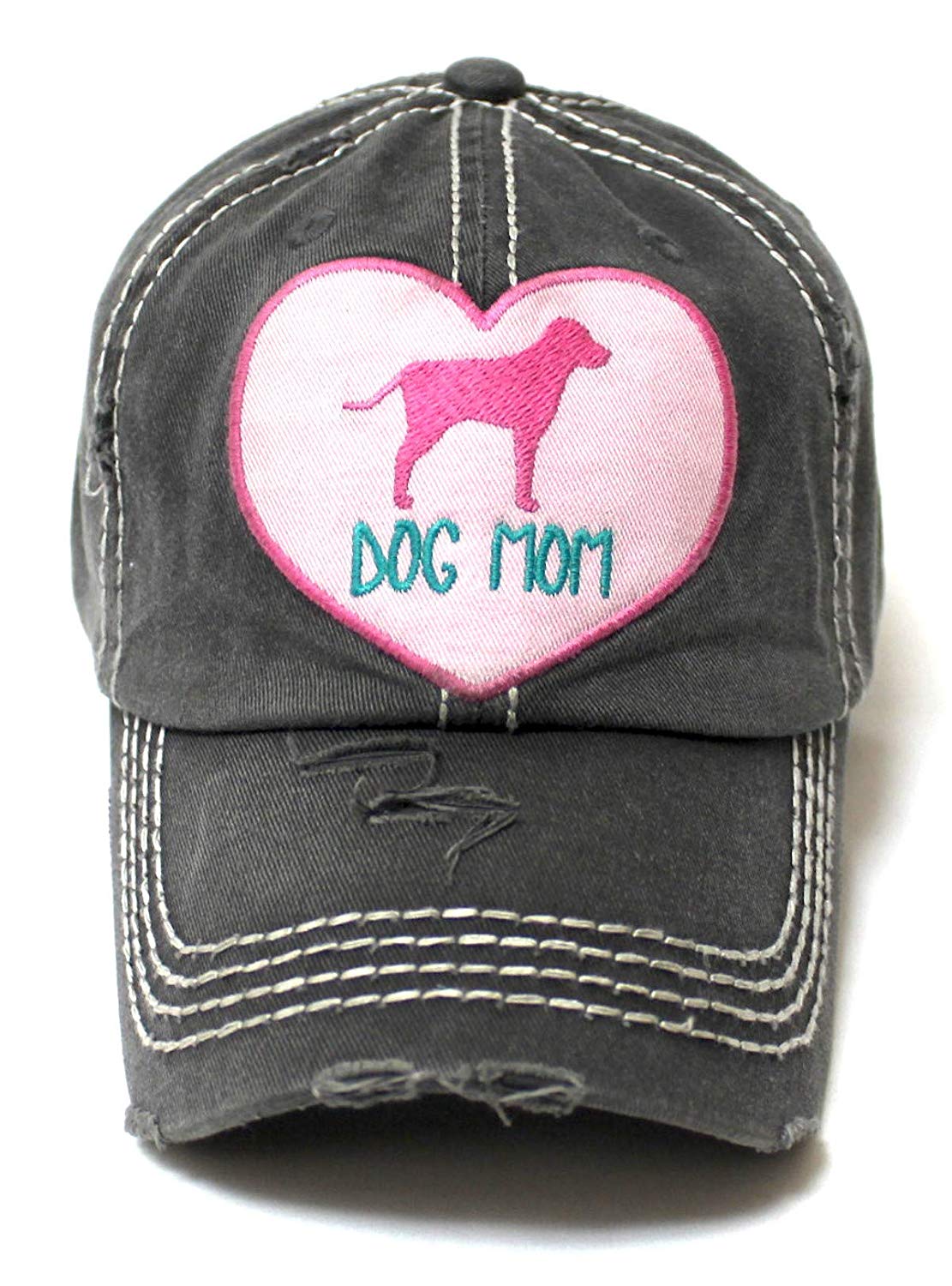 Women's Love Pink Cap Dog MOM Heart Patch Embroidery, Blk - Caps 'N Vintage 