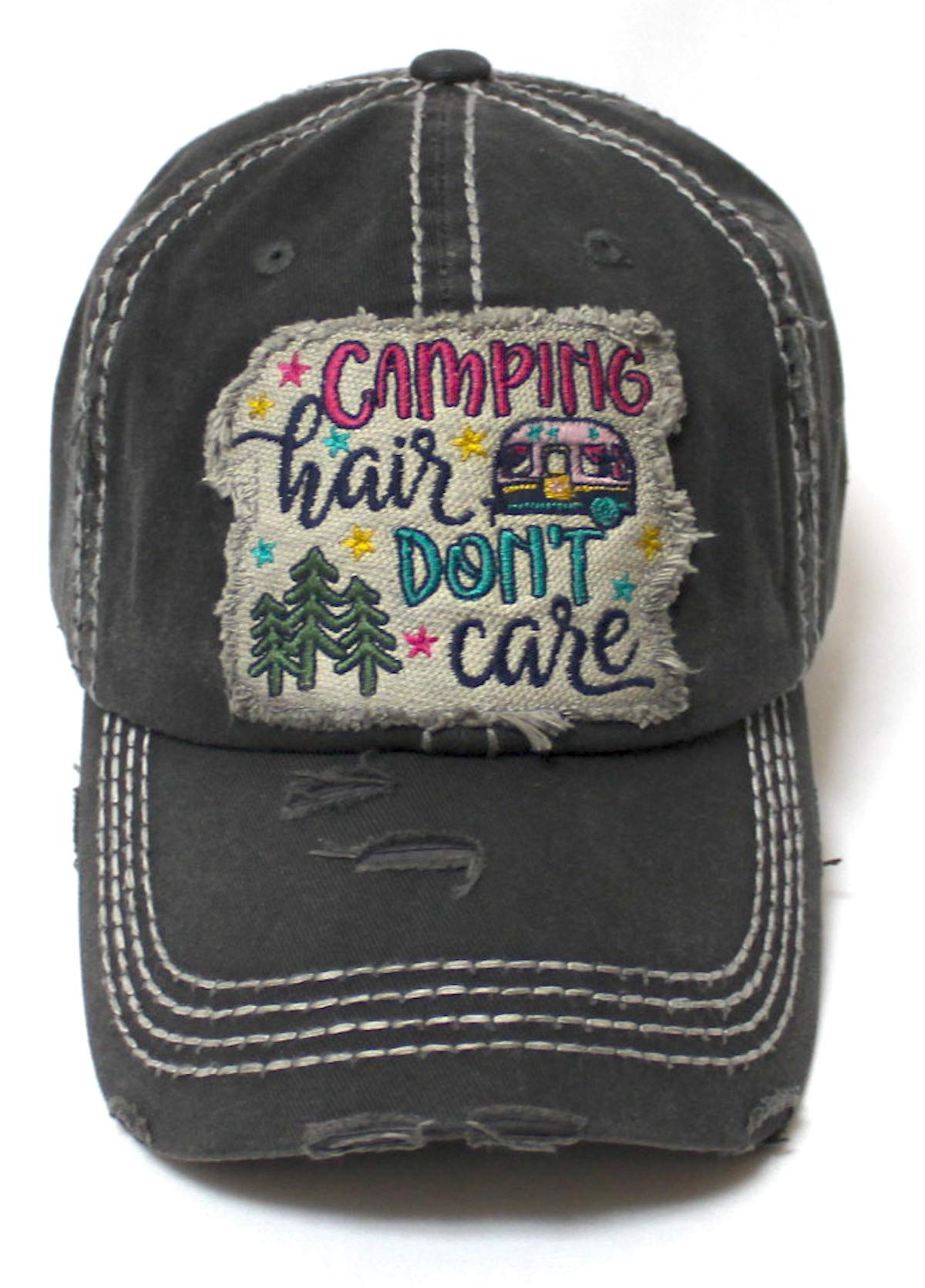 CAPS 'N VINTAGE Women's Baseball Cap Camping Hair Don't Care Patch Embroidery Monogram Hat, Charcoal Black - Caps 'N Vintage 