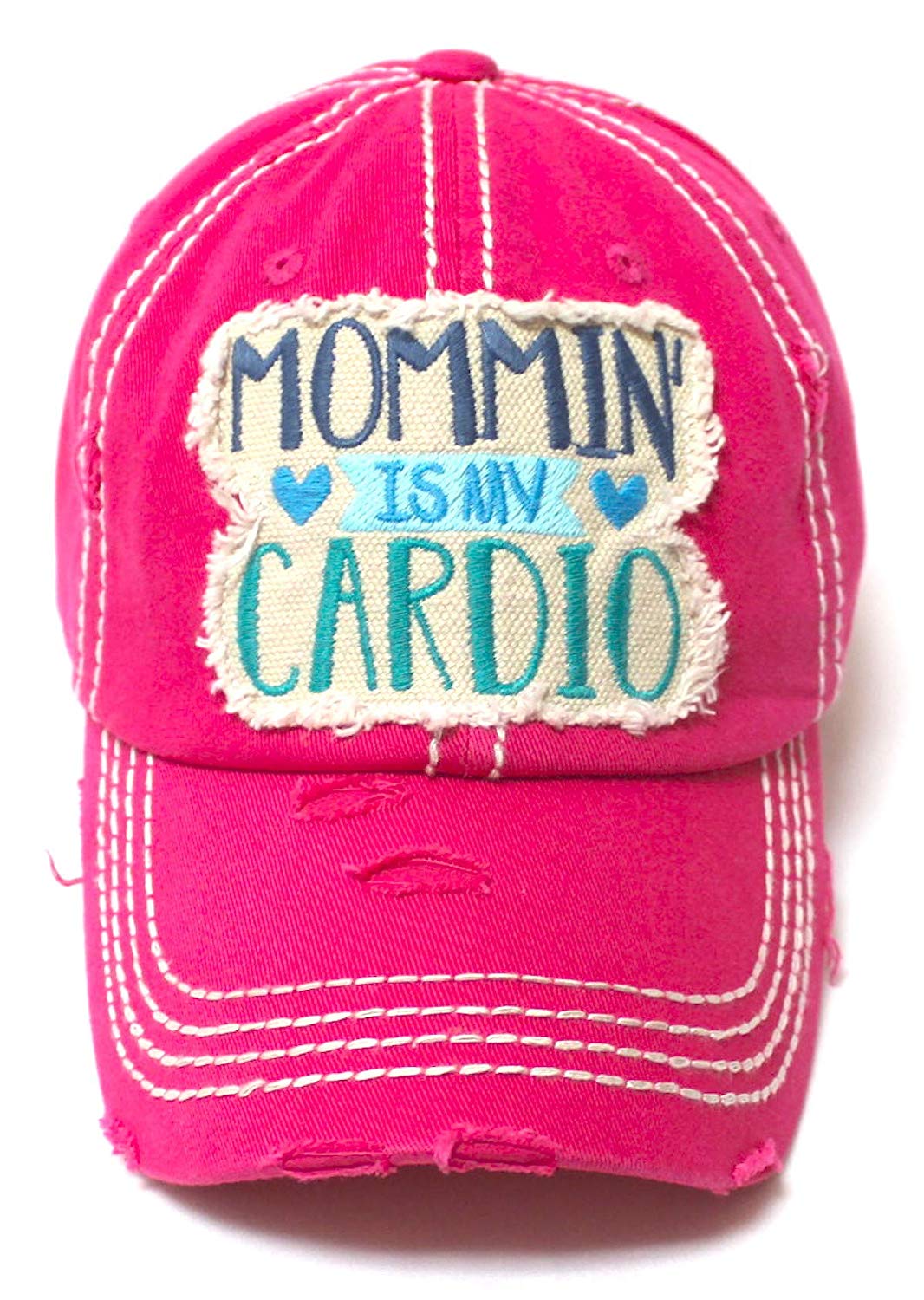 Women's Ballcap Mommin' is My Cardio Distressed Vintage Unconstructed Embroidered Hat, Hot Pink - Caps 'N Vintage 