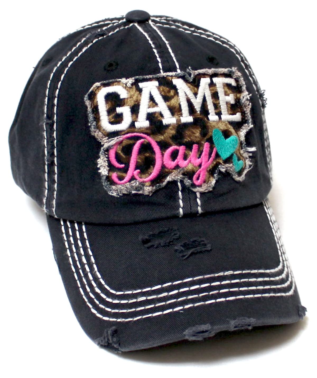Women's Ballcap Game Day Leopard Print Patch Embroidery Monogram Hat, Black