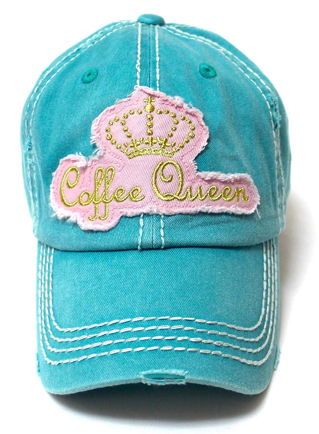 Women's Adjustable Ballcap Coffee Queen Royalty Patch Embroidery, Turquoise - Caps 'N Vintage 