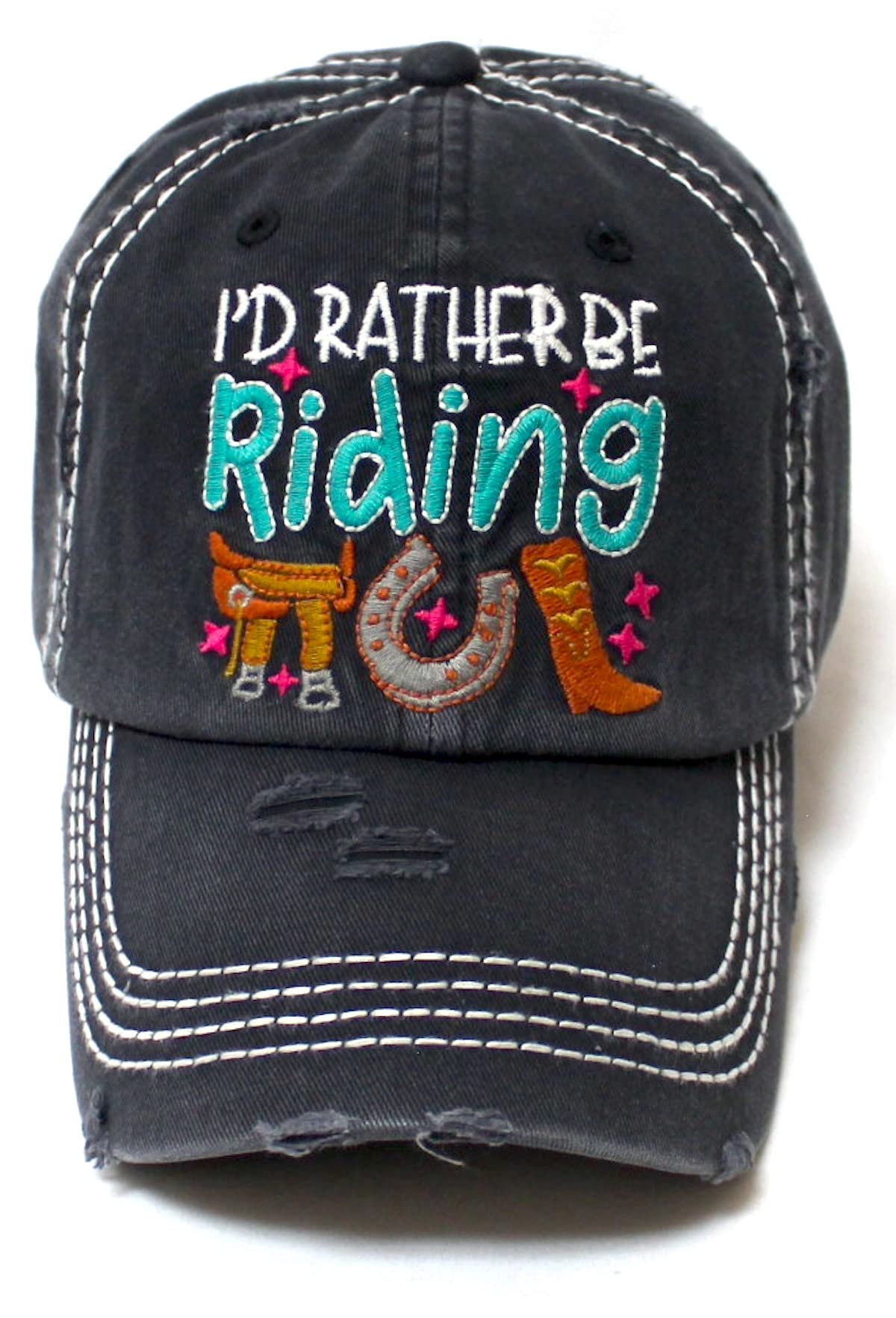 CAPS 'N VINTAGE Women's Hat I'd Rather be Riding Western Country Themed Patch Embroidery Distressed Cap, Black