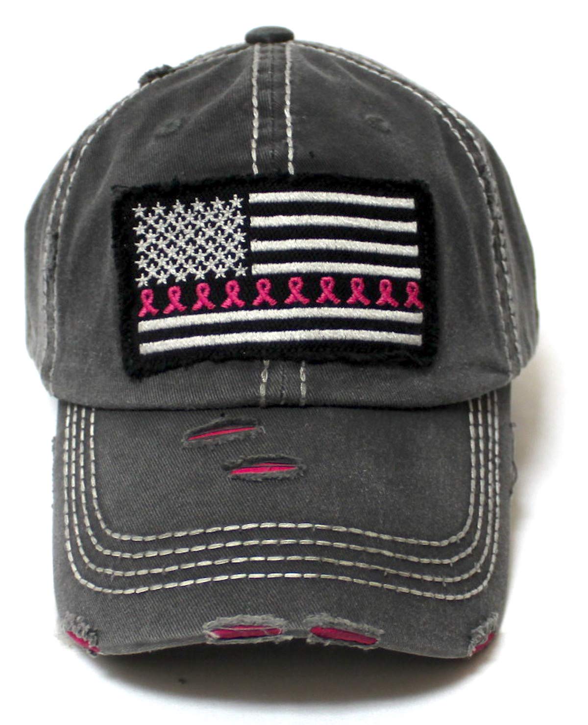 Women's Breast Cancer Awareness Baseball Cap American Flag, Pink Ribbons Patch Embroidery Monogram Hat, Vintage Black