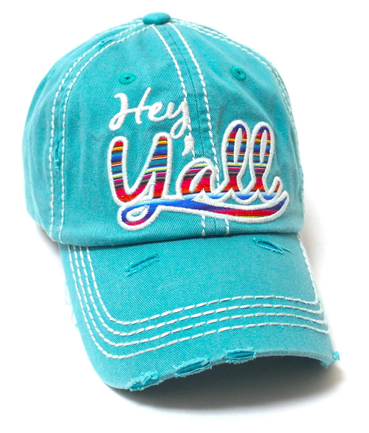 Hey Y'all Serape Monogram Embroidery Adjustable Hat, Vintage Turquoise - Caps 'N Vintage 