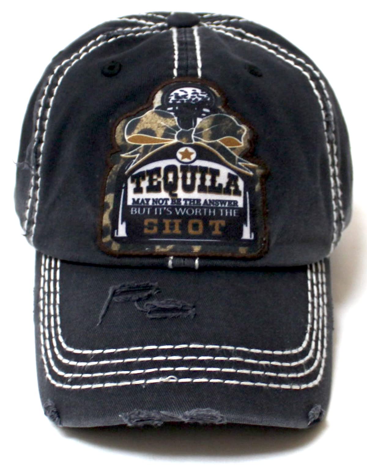 CAPS 'N VINTAGE Women's Ballcap Leopard Print Bejeweled Tequila Bottle Patch Embroidery Monogram Hat, Black
