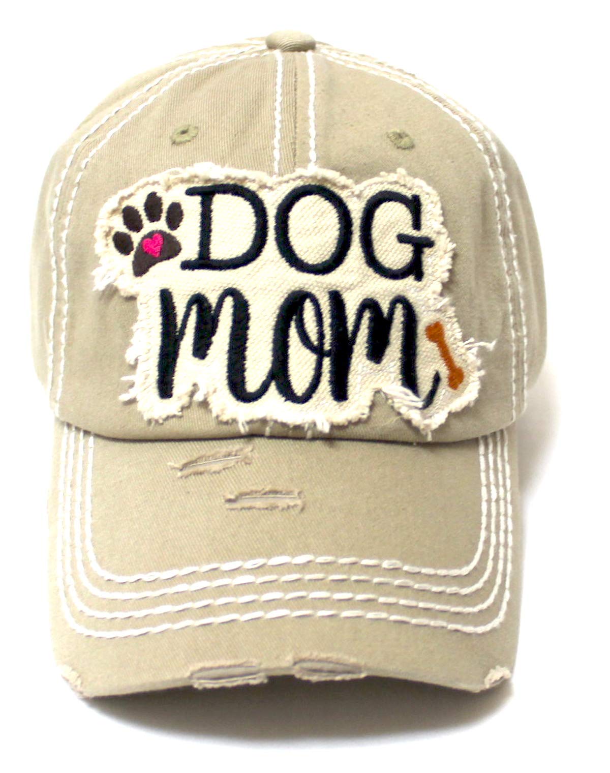 Women's Distressed Ballcap Dog Mom Puppy Love Patch Embroidery Hat, Army Khaki - Caps 'N Vintage 