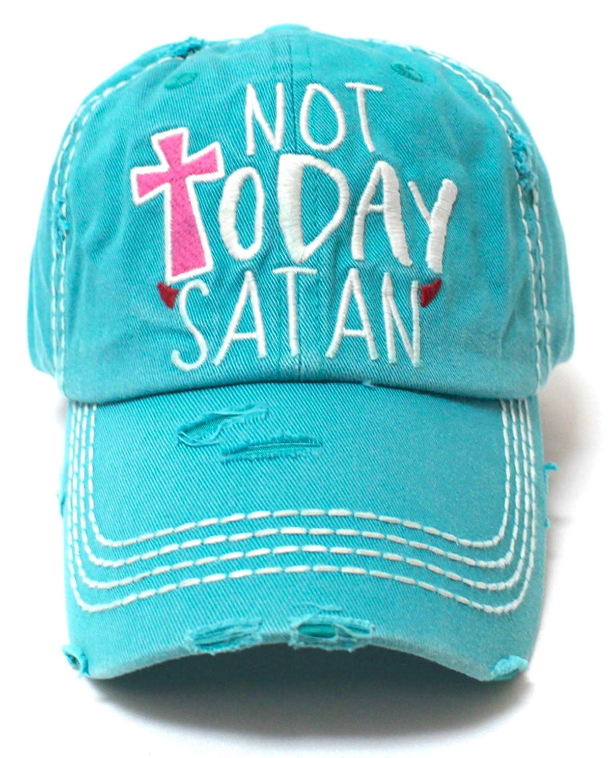 Not Today Satan Humor Graphic Adjustable Ballcap, Turquoise - Caps 'N Vintage 