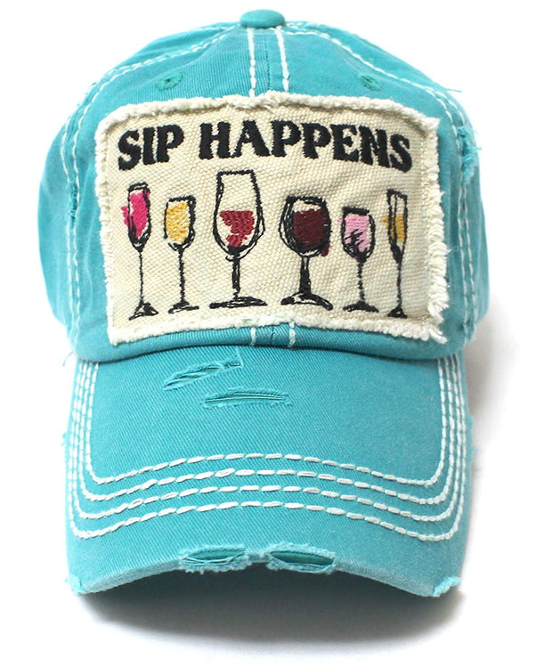 Turquoise SIP Happens Patch Embroidery Cap w/Humor Wine Glasses - Caps 'N Vintage 