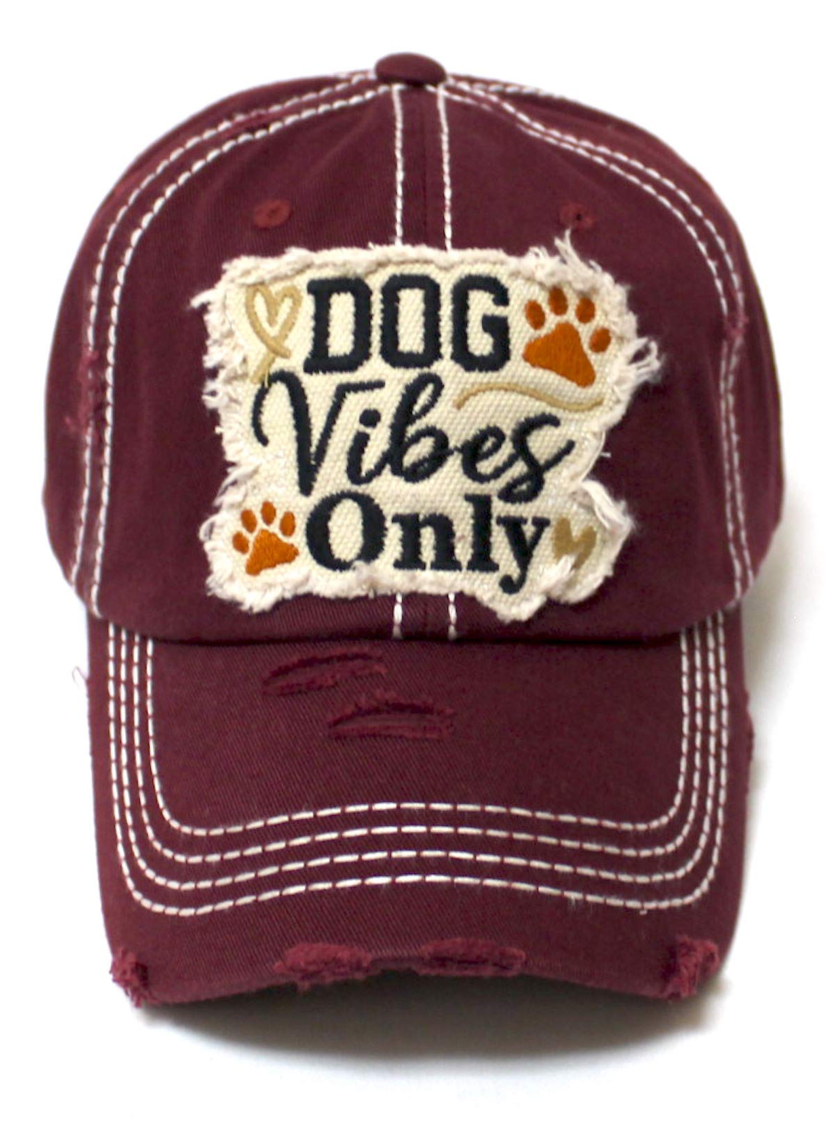 Classic Distressed Adjustable Baseball Cap Dog Vibes Only Hearts, Paws & Bone Monogram Hat, Wine Burgundy - Caps 'N Vintage 