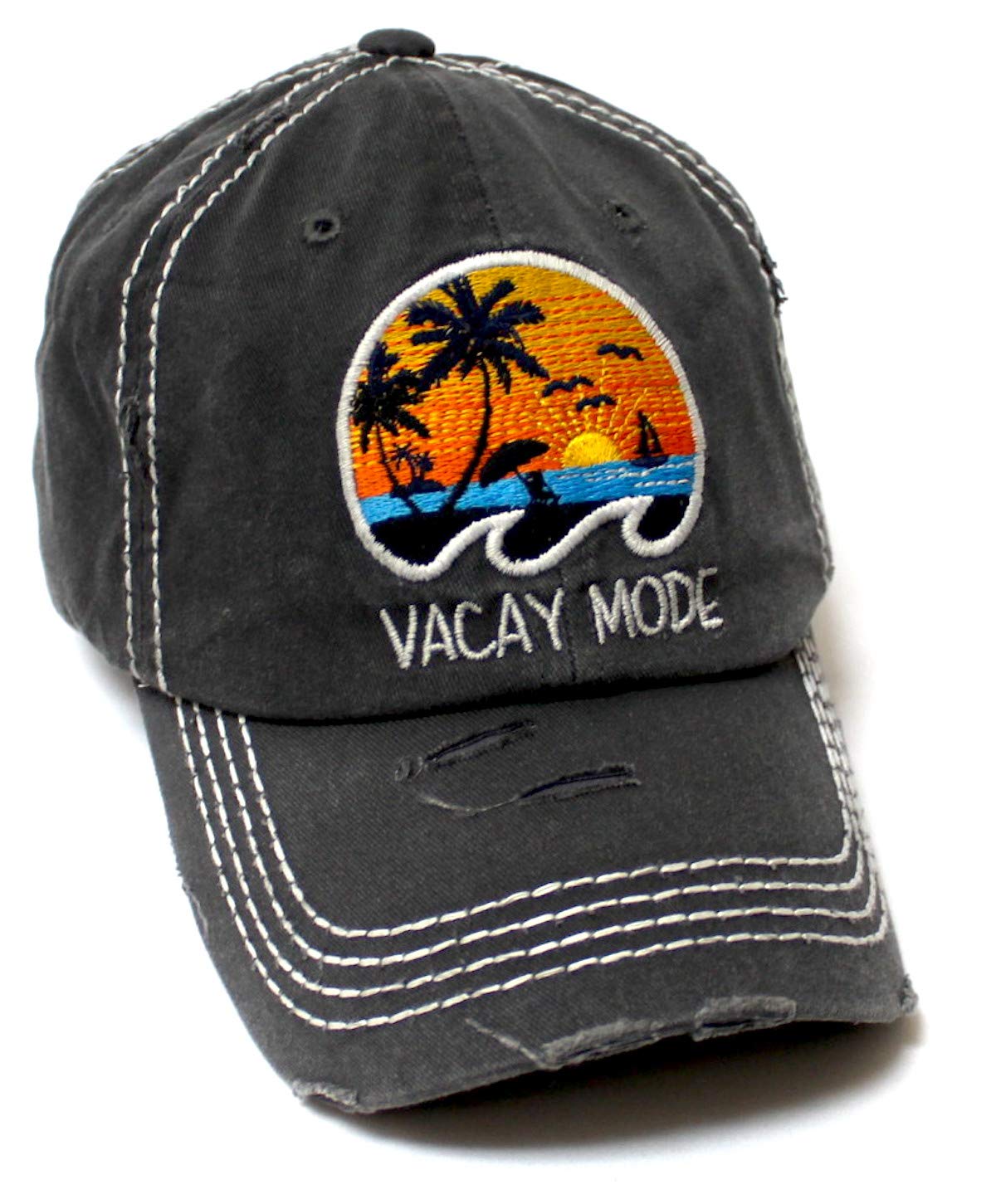 Classic Distressed Adjustable Baseball Cap Vacay Mode Surf, Sun & Ocean Wave Monogram Hat, Vintage Black - Caps 'N Vintage 