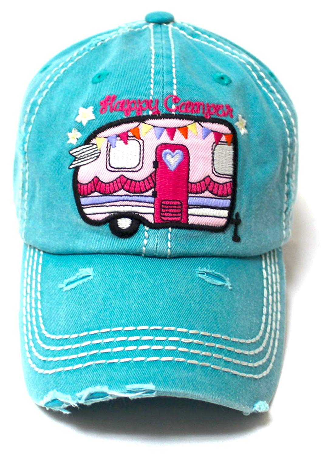 Women's Baseball Cap Vintage Happy Camper Monogram Embroidery Hat, Turquoise Blue - Caps 'N Vintage 