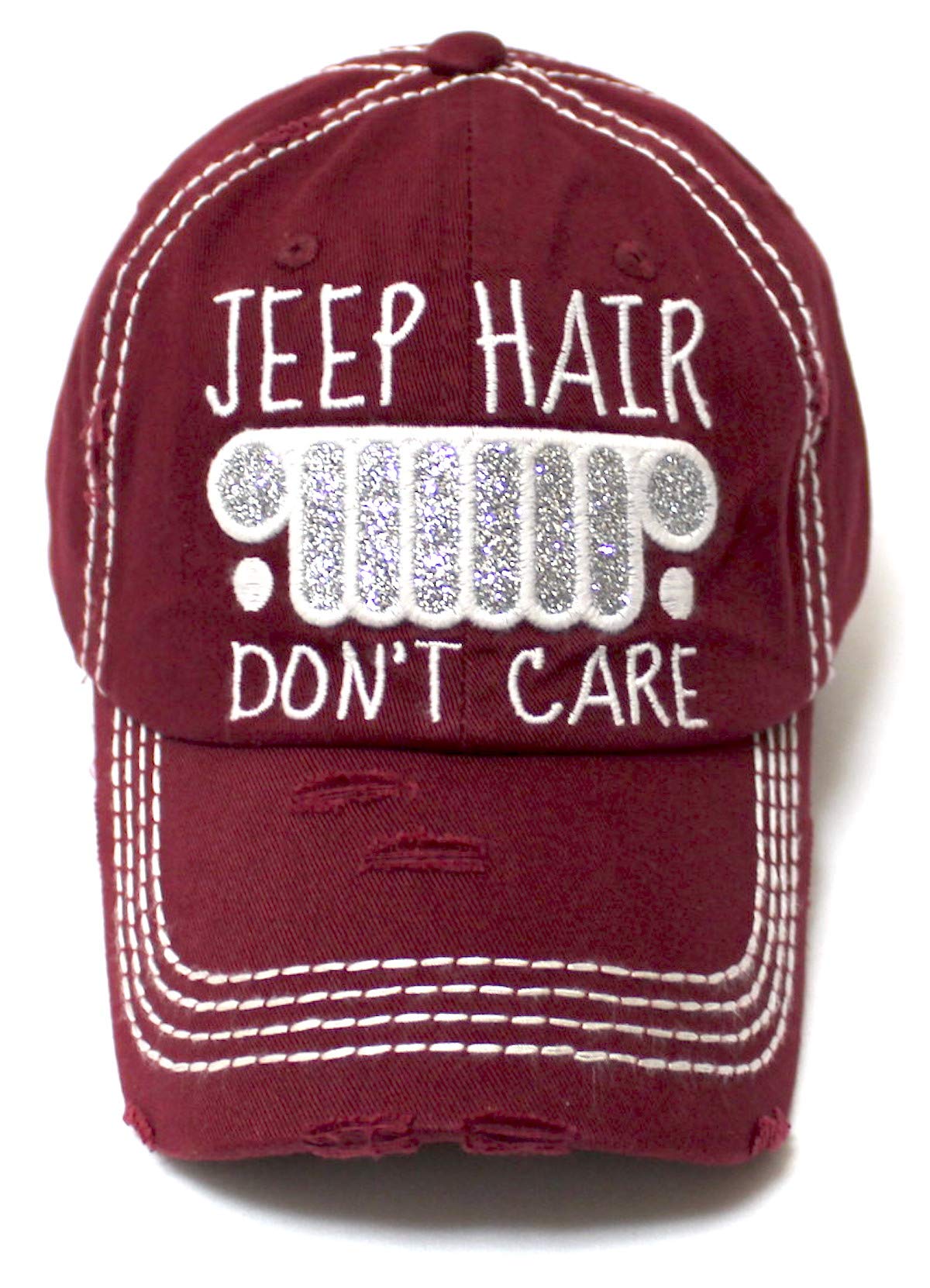 Jeep Hair Don't Care Glitter Monogram Adnustable Hat, Wine - Caps 'N Vintage 