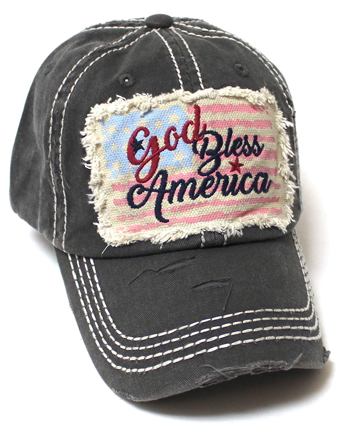 July 4 Celebratory USA Flag Patch God Bless America Embroidery Ballcap, Vintage Charcoal Blk - Caps 'N Vintage 