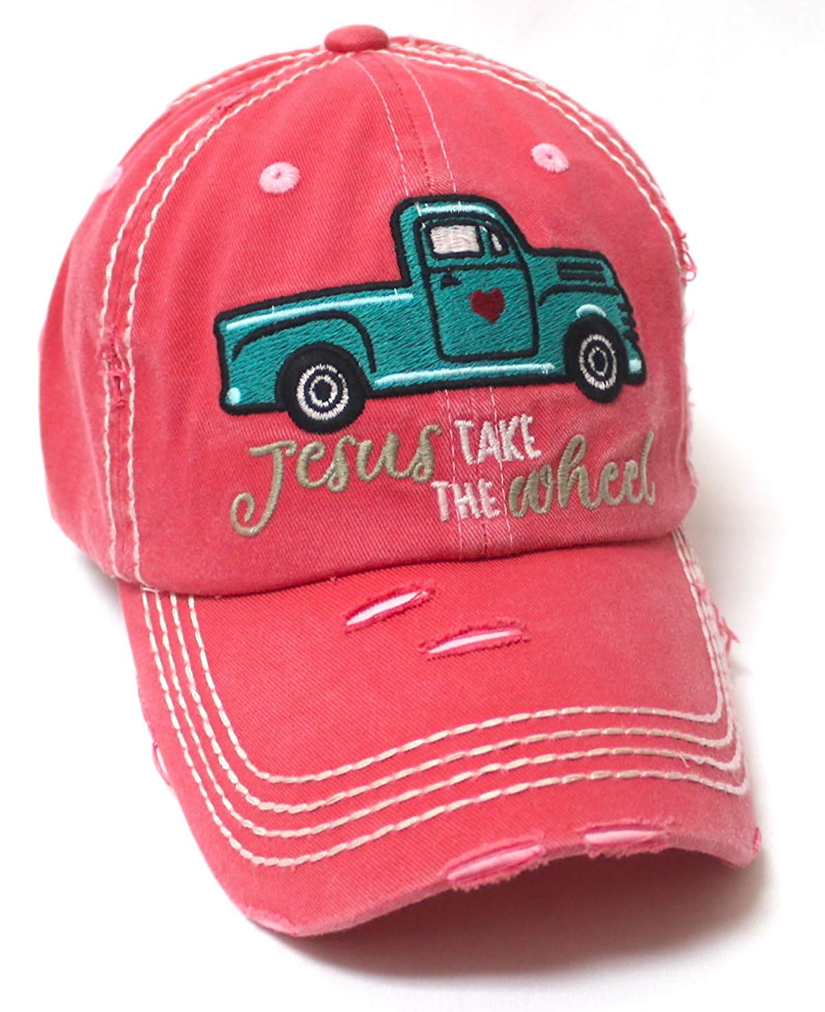CAPS 'N VINTAGE Women's Camping Cap Jesus Take The Wheel Monogram Hippie Truck Hat, Coral Rose - Caps 'N Vintage 