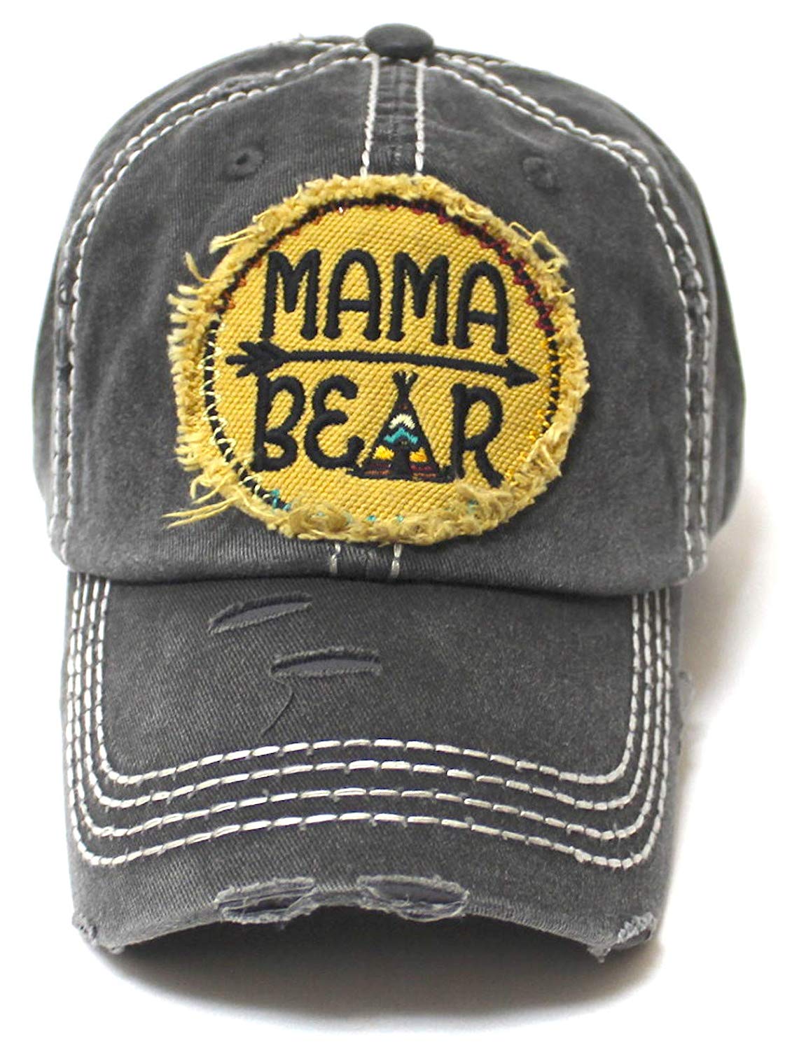 Women's Camping Cap Tribal Bohemian Mama Bear Patch Embroidery Hat, Graphite - Caps 'N Vintage 