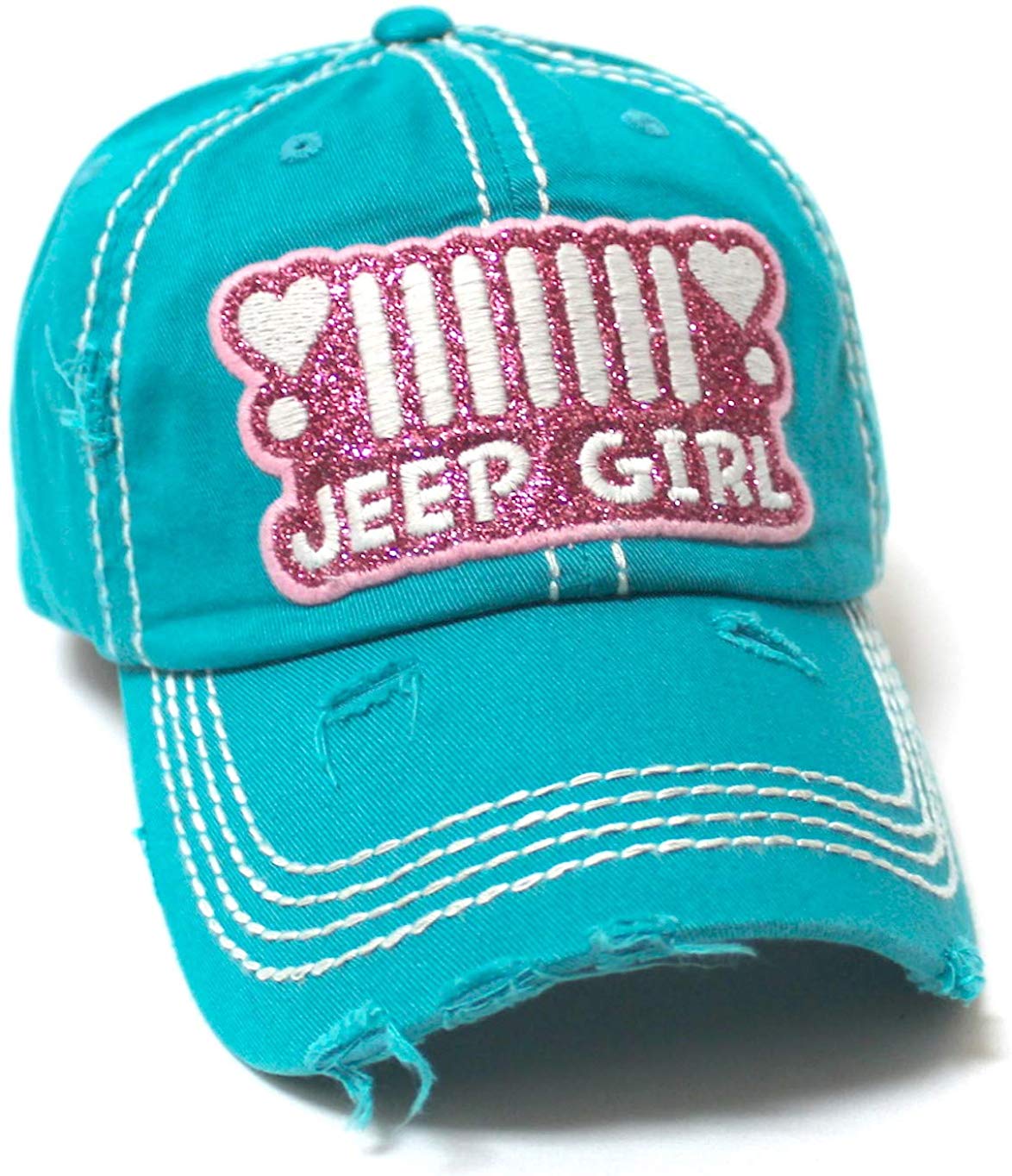 Women's Ballcap Jeep Girl Pink Glitter, Hearts Patch Embroidery Hat, Jewel Turquoise - Caps 'N Vintage 