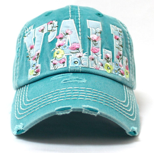 CAPS 'N VINTAGE Turquoise Floral Embroidery Hey Y'all Vintage Hat - Caps 'N Vintage 