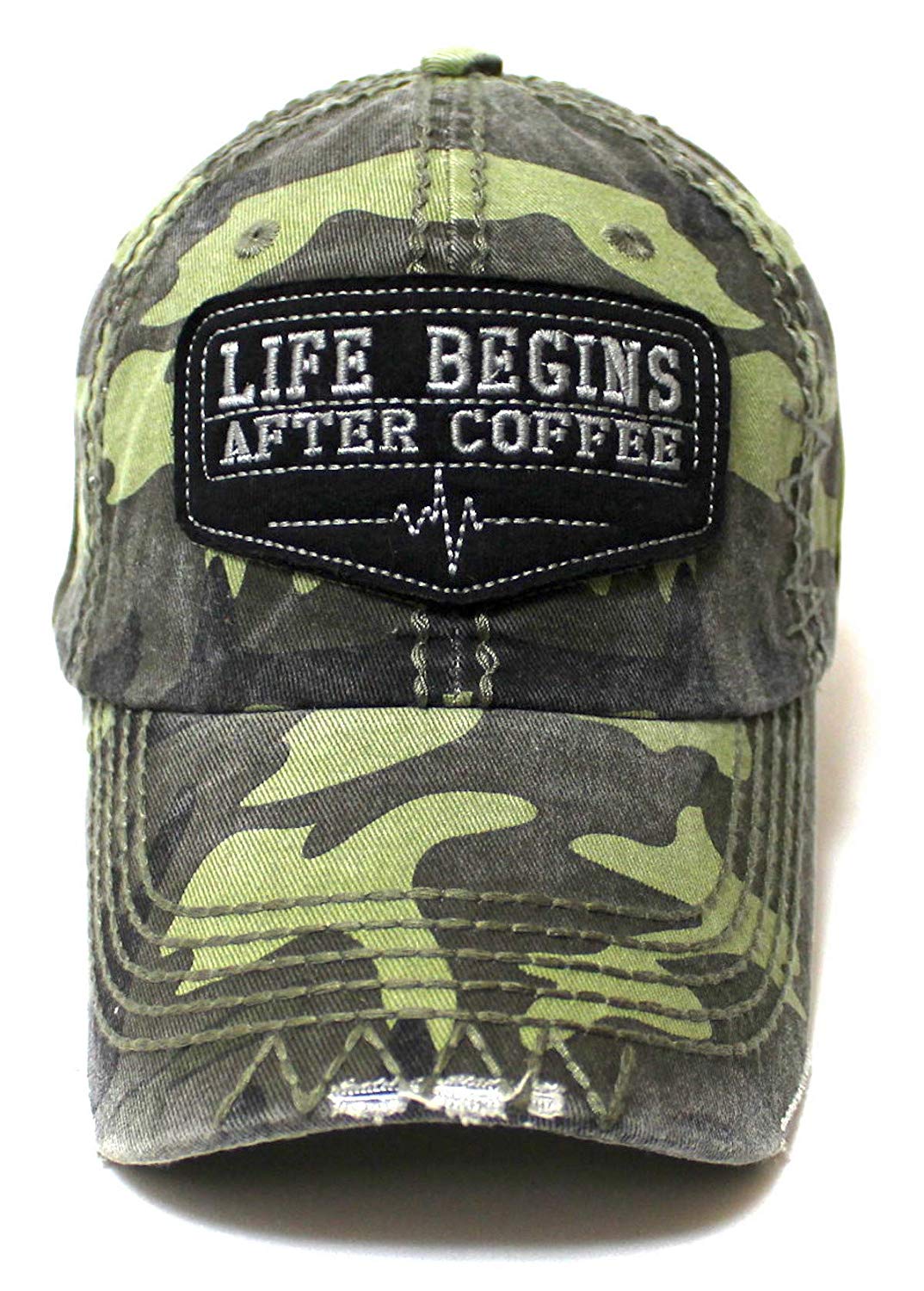 Classic Varsity Ball Cap Life Begins After Coffee Patch Embroidery Hat, Army Camoflauge - Caps 'N Vintage 