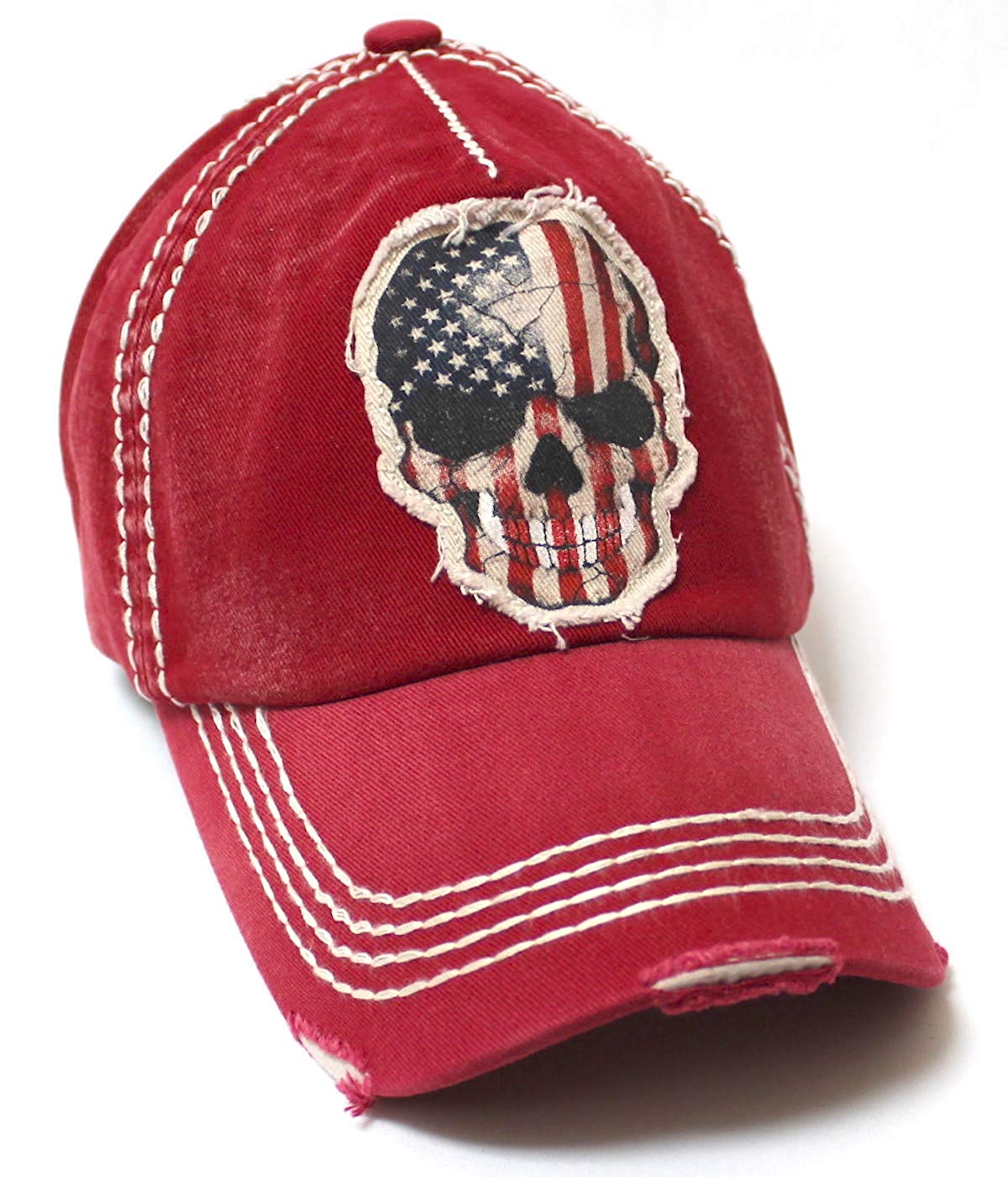 Classic Ballcap American Flag Skull Patch Embroidery Vintage Hat, Red - Caps 'N Vintage 