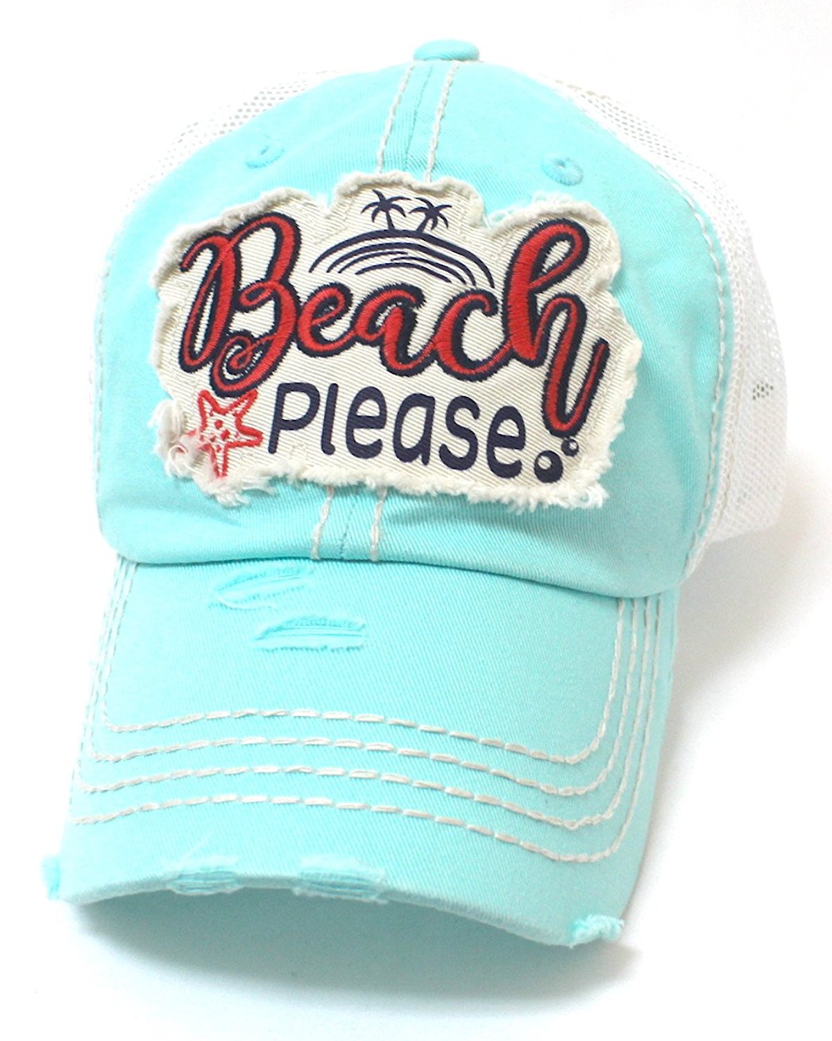 Ice Blue Beach Please Patch Embroidery Meshback Trucker Hat - Caps 'N Vintage 