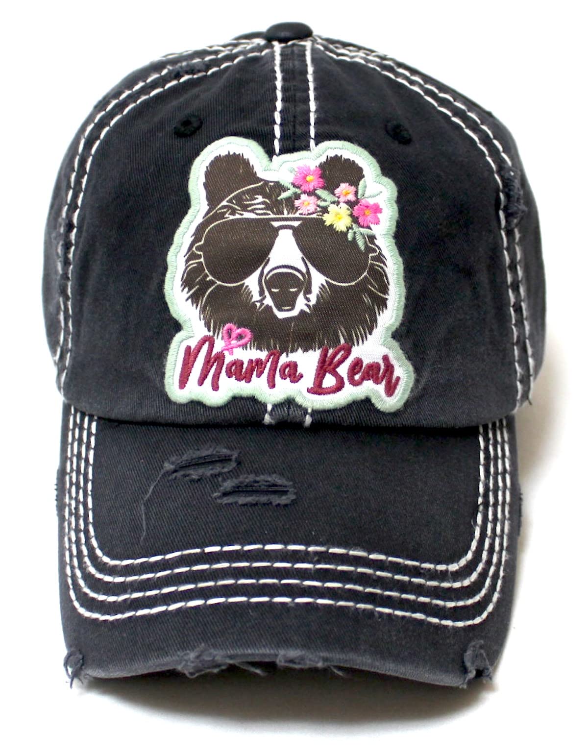 Womens Floral Monogram Cap Mama Bear Patch Embroidery Distressed Hat