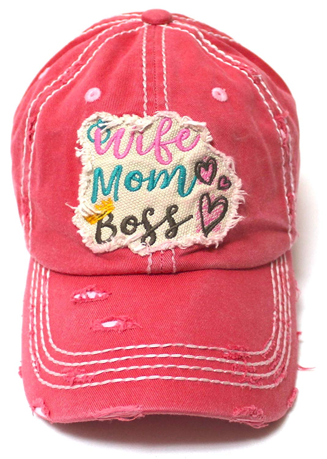 Women's Ballcap Wife, Mom, Boss Patch Embroidery Vintage Hat, Rose Pink - Caps 'N Vintage 