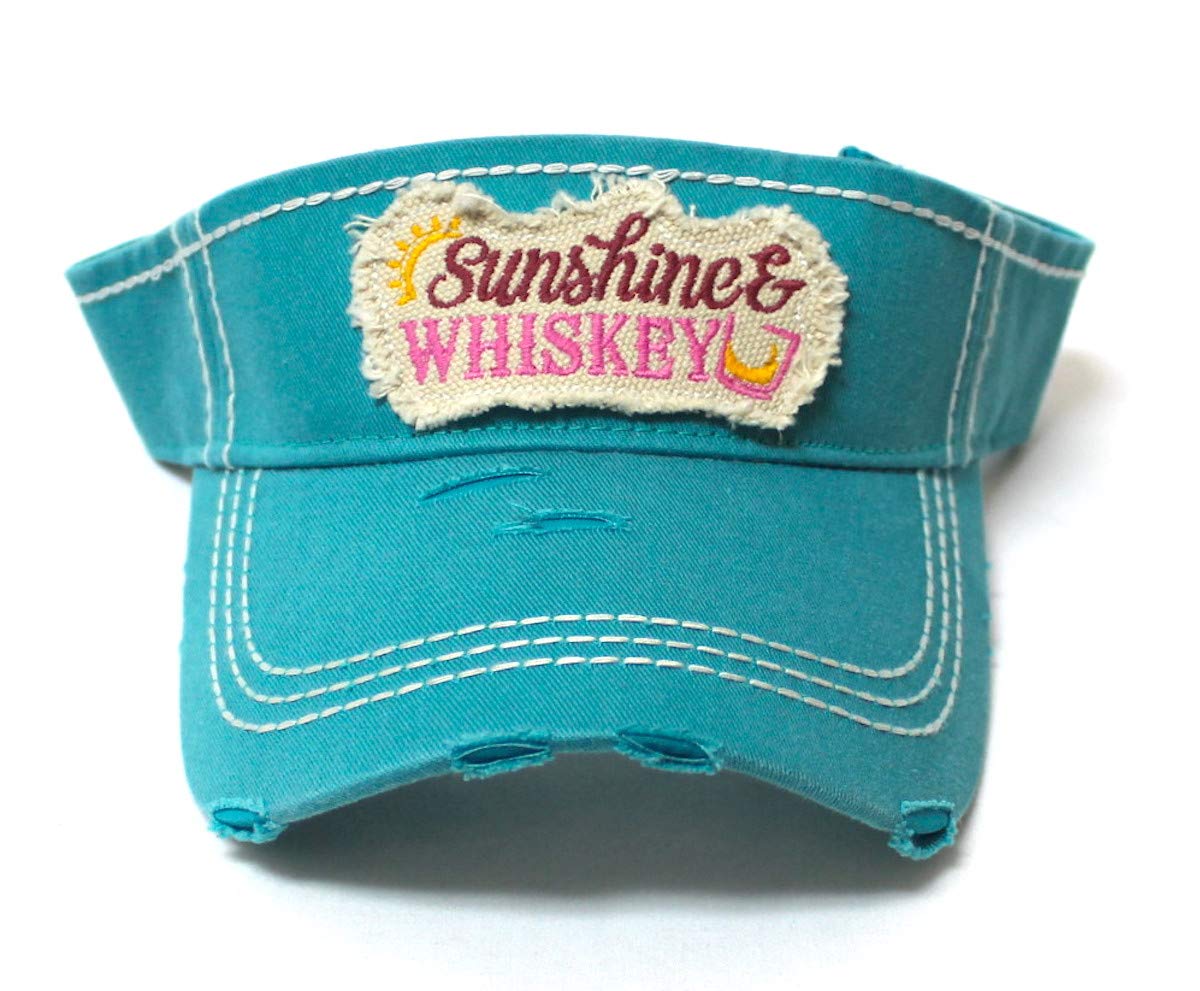 CAPS 'N VINTAGE Womens Baseball Cap Sunshine & Whiskey High Ponytail Bun Half Visor Adjustable Athletic Hat, California Turquoise - Caps 'N Vintage 