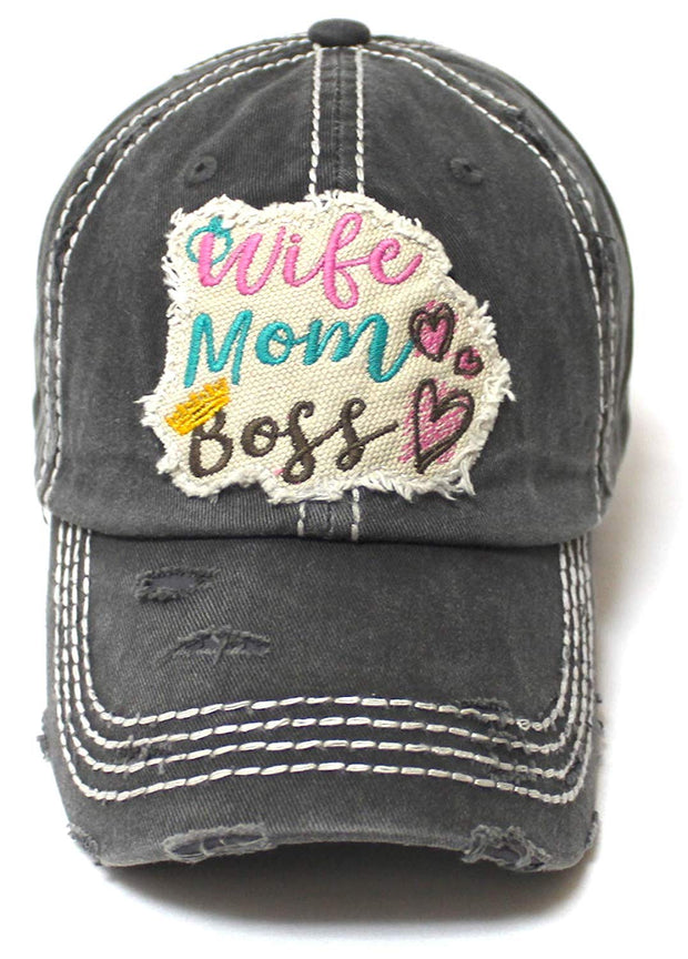 Women's Ballcap Wife, Mom, Boss Patch Embroidery Vintage Hat, Graphite Black - Caps 'N Vintage 
