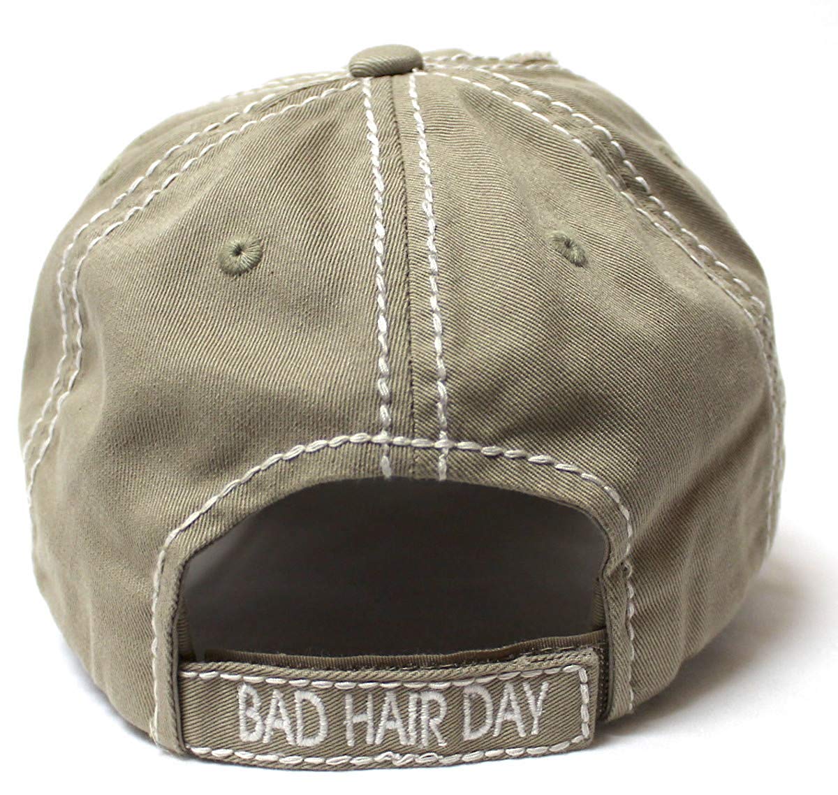CAPS 'N VINTAGE Bad Hair Day Stitch Embroidery Distressed Baseball Hat, Khaki - Caps 'N Vintage 