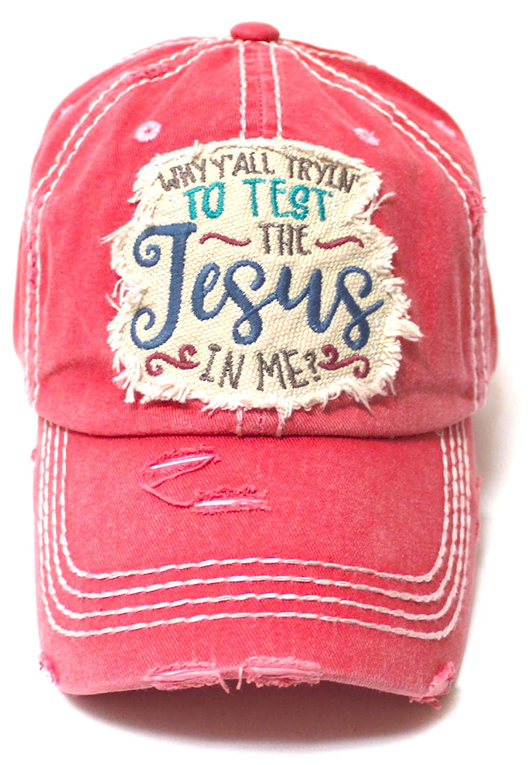 Women's Ballcap Why Y'all Tryin' to Test The Jesus in Me? Christian Patch Embroidery Vintage Hat, Rose Pink - Caps 'N Vintage 