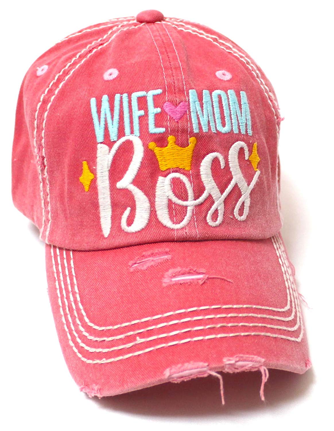 Women's Ballcap Wife Mom Boss Queen Crown Embroidery Hat, Pink Rose - Caps 'N Vintage 