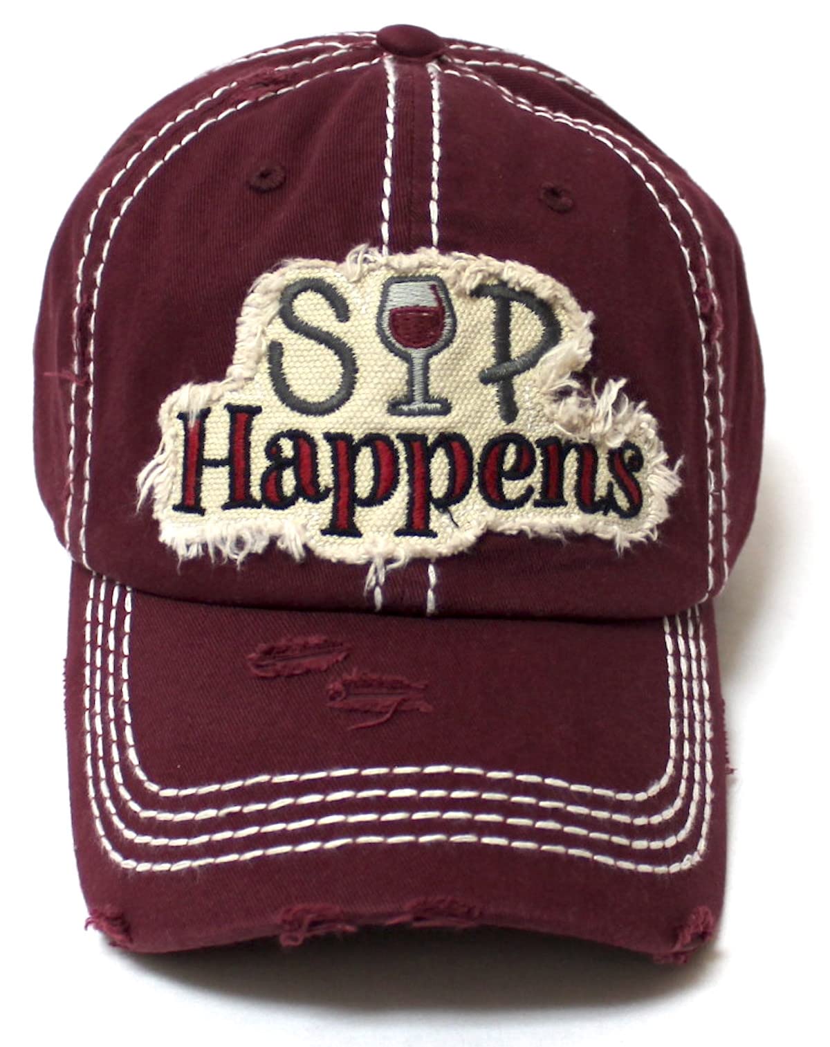 Women's SIP Happens Wine Patch Embroidery Monogram Hat, Merlot Red - Caps 'N Vintage 