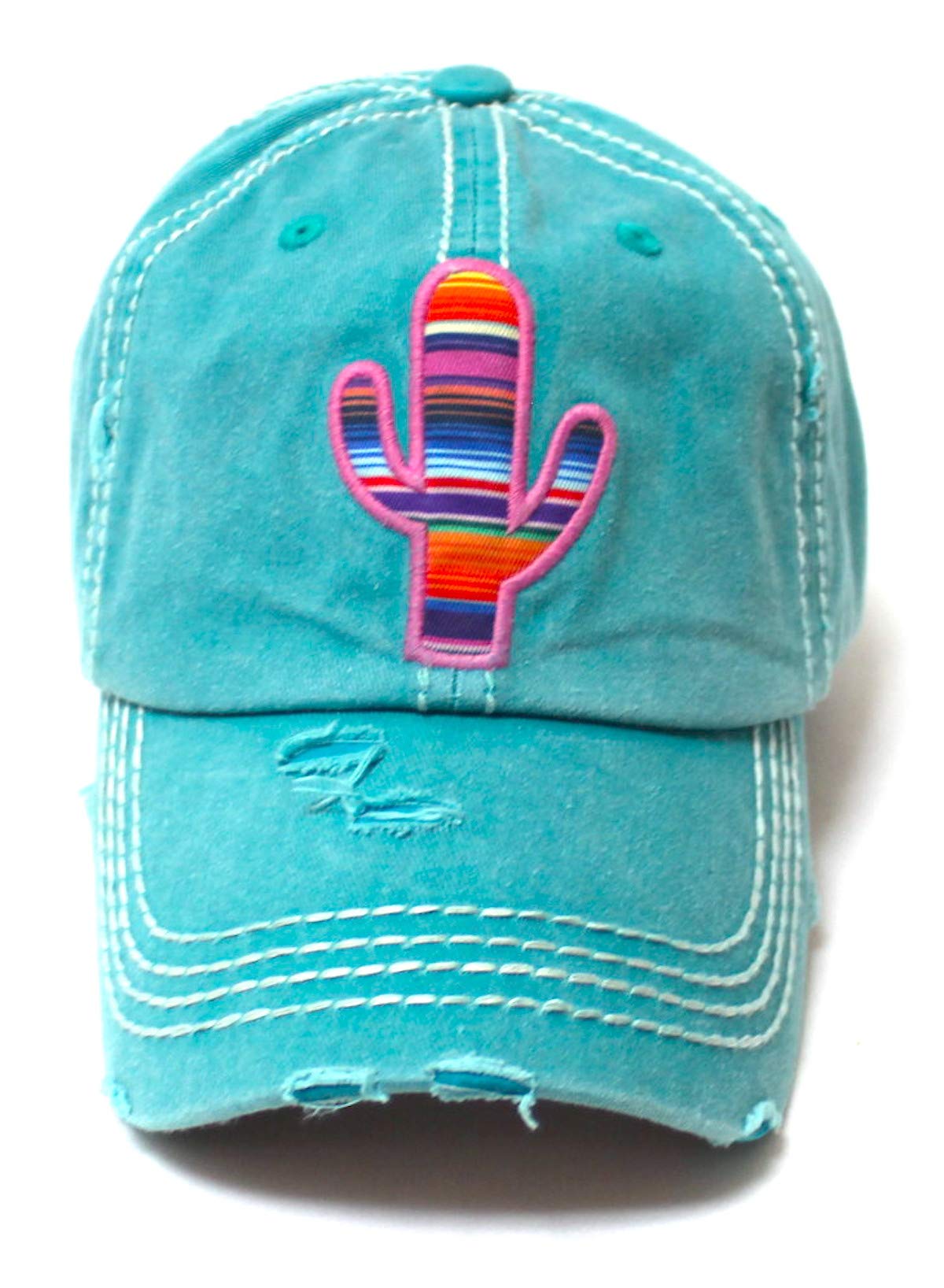 CAPS 'N VINTAGE Women's Distressed Serape Patterned Cactus Monogram Embroidery Ballcap, California Beach Blue - Caps 'N Vintage 