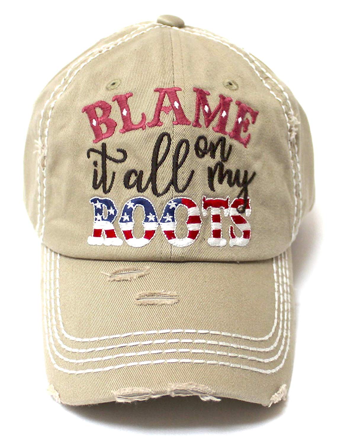 Classic Ballcap Blame it All on My Roots Monogram Embroidery USA Flag Themed Hat, Western Khaki - Caps 'N Vintage 