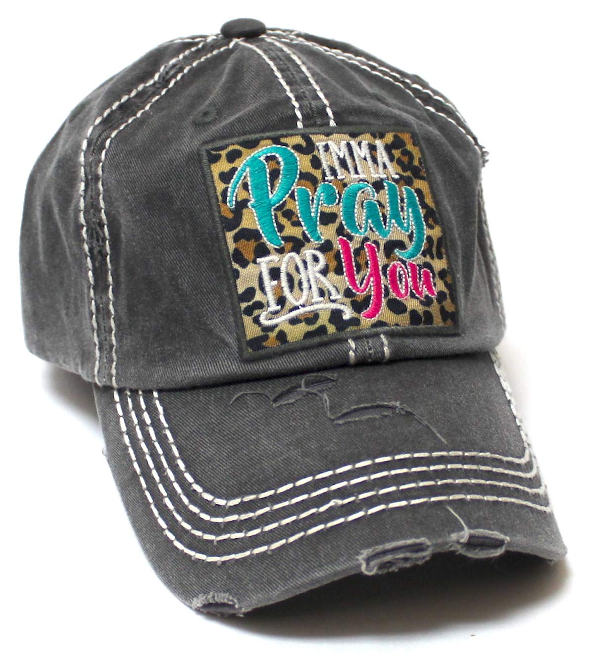 Women's Christian Themed Imma Pray for You Leopard Monogram Patch Embroidery Baseball Hat, Vintage Black - Caps 'N Vintage 