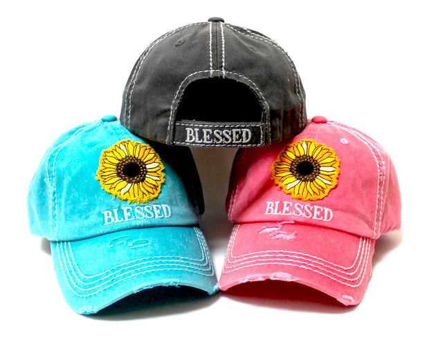 CAPS 'N VINTAGE Women's Distressed Baseball Cap Blessed Sunflower Patch Embroidery Monogram Hat