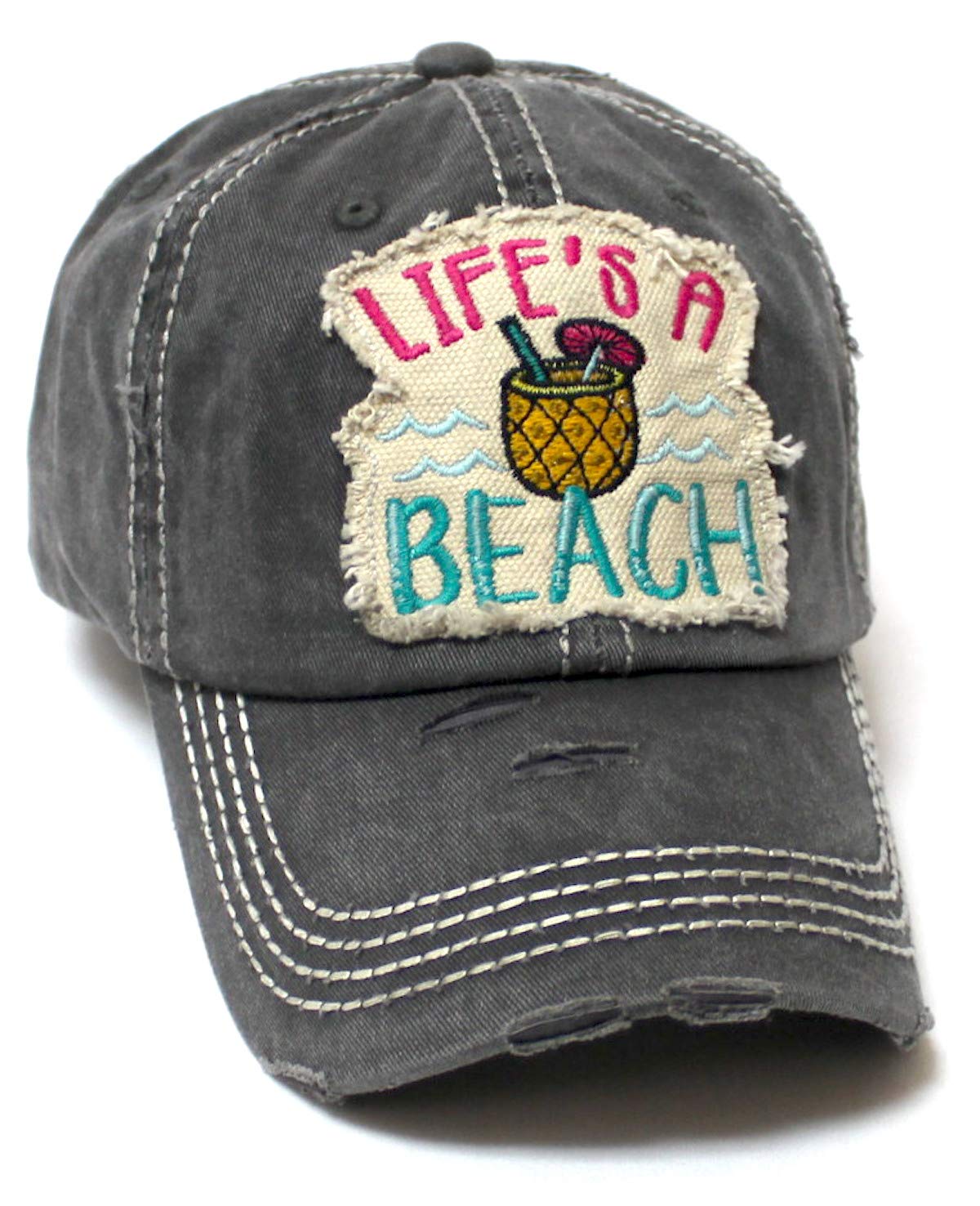 Women's Distressed Summer Cap Life's a Beach Aloha Pineapple Spirit Patch Embroidery Monogram Hat, Vintage Black - Caps 'N Vintage 