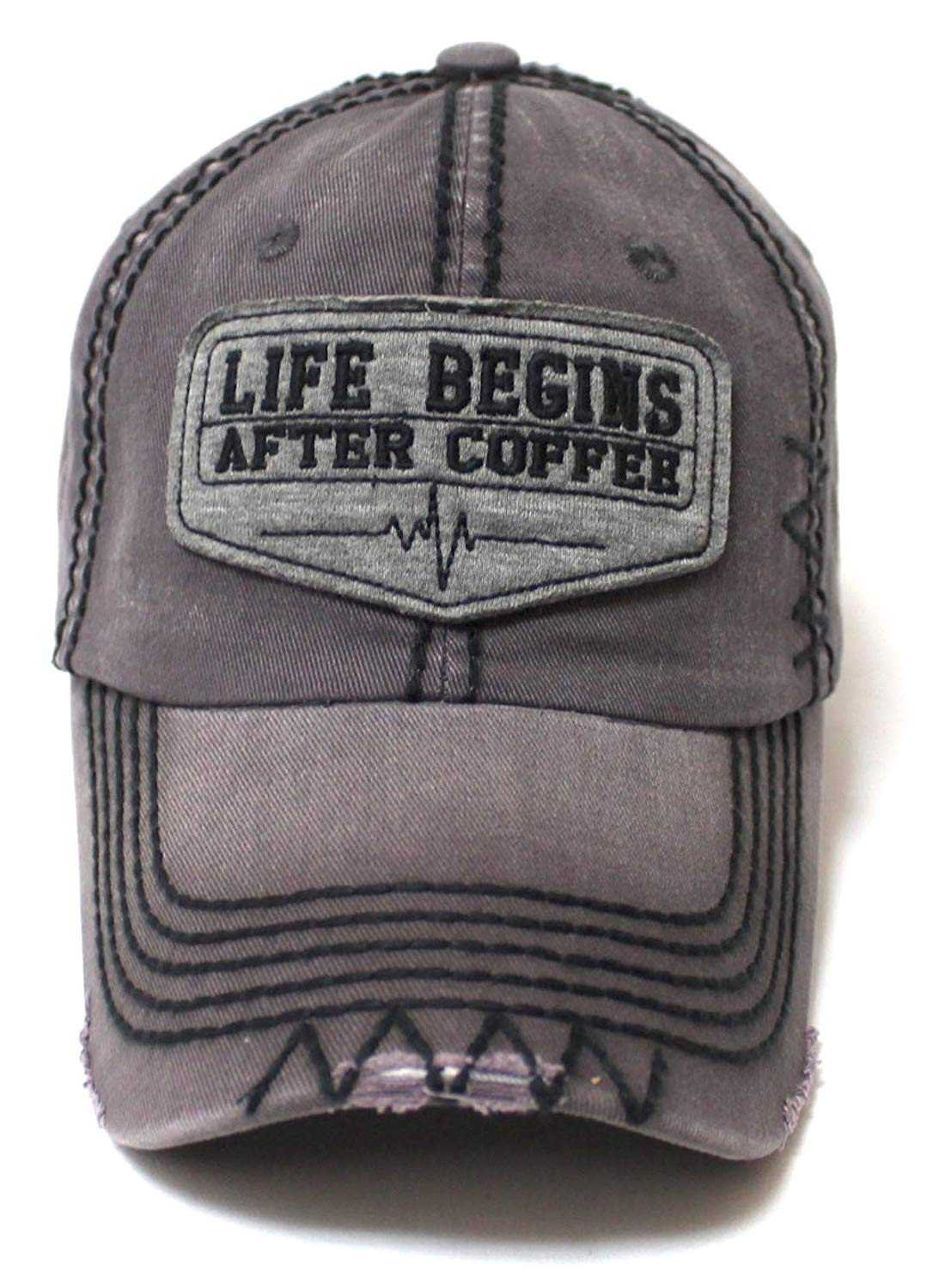 Classic Varsity Ball Cap Life Begins After Coffee Patch Embroidery Hat, Vintage Grey - Caps 'N Vintage 