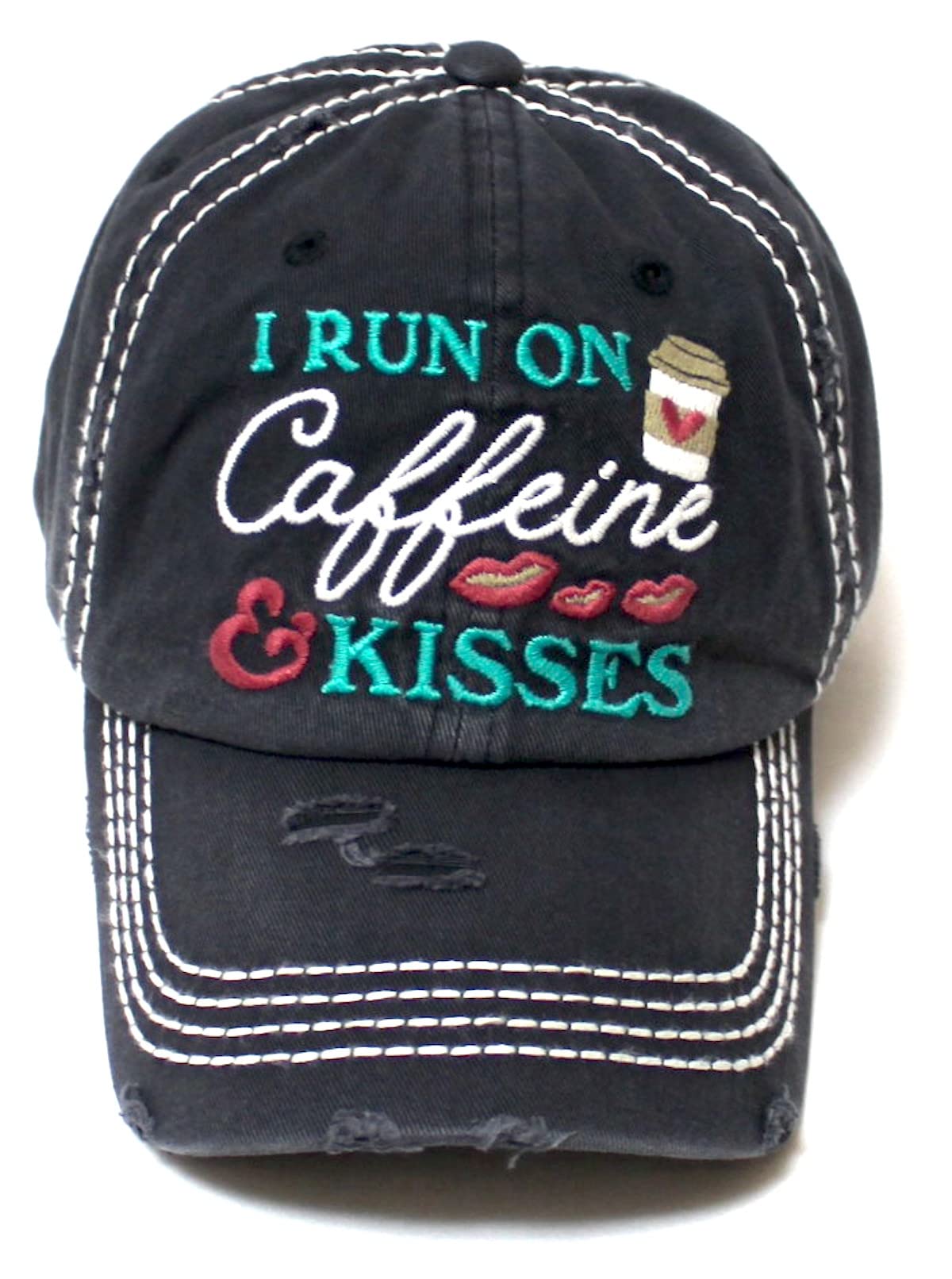 Women's Hat I Run on Caffeine & Kisses Hearts, Lips & Coffee Embroidery Distressed Cap, Black